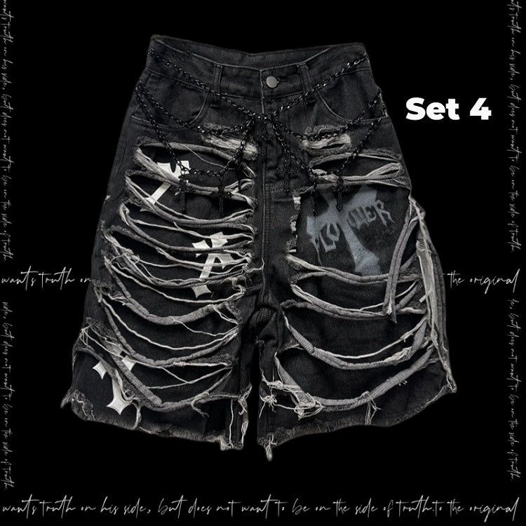 Denim Shorts Y2K Cross Appliques Distressed Holes Dark Gray Glamorous
