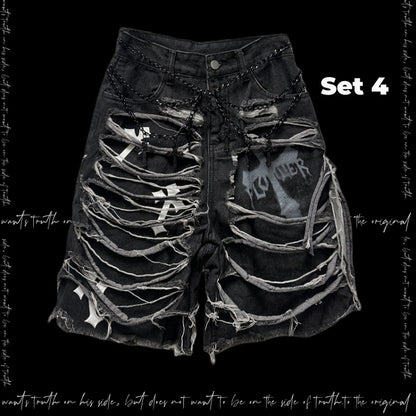 Denim Shorts Y2K Cross Appliques Distressed Holes Dark Gray Glamorous