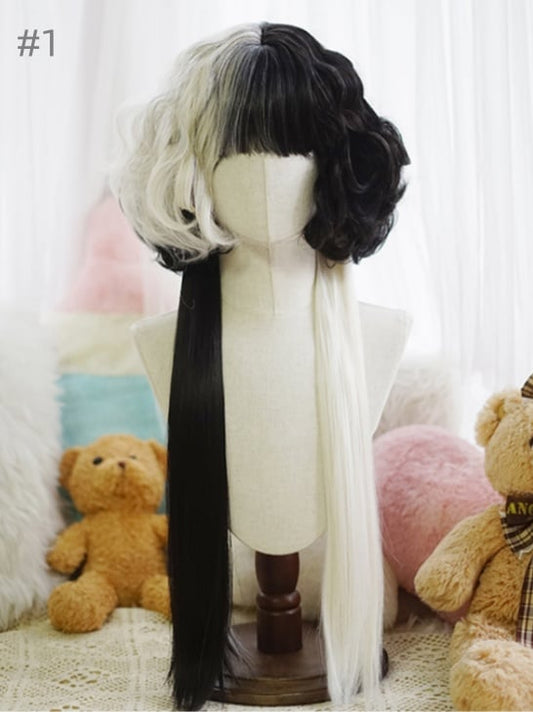 Split Color Waist Length Curly Wig With Full Bangs