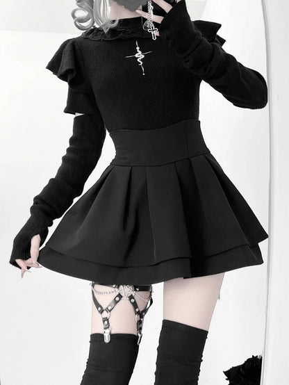 Knit Top with Snake Embroidery Mock Neck Gothic Flutter and Sleeves Black