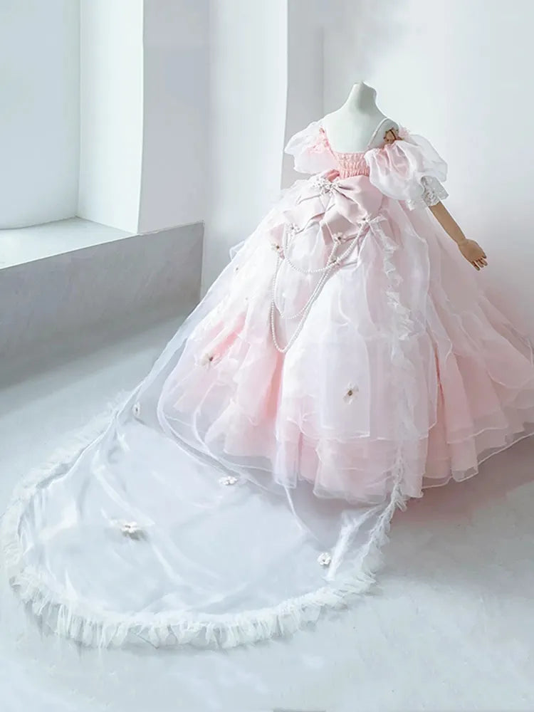 Pink Bow White Long Flower Bead Chain Train Big