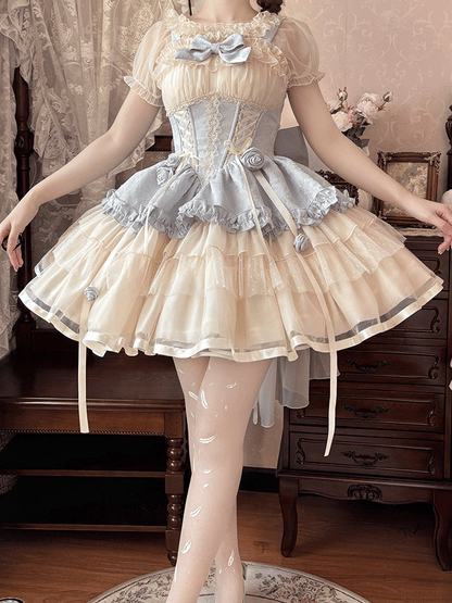 Beige Corset Waist Big JSK Lace-up Sweet Lolita Balletcore Dress Train Bow and with Blue