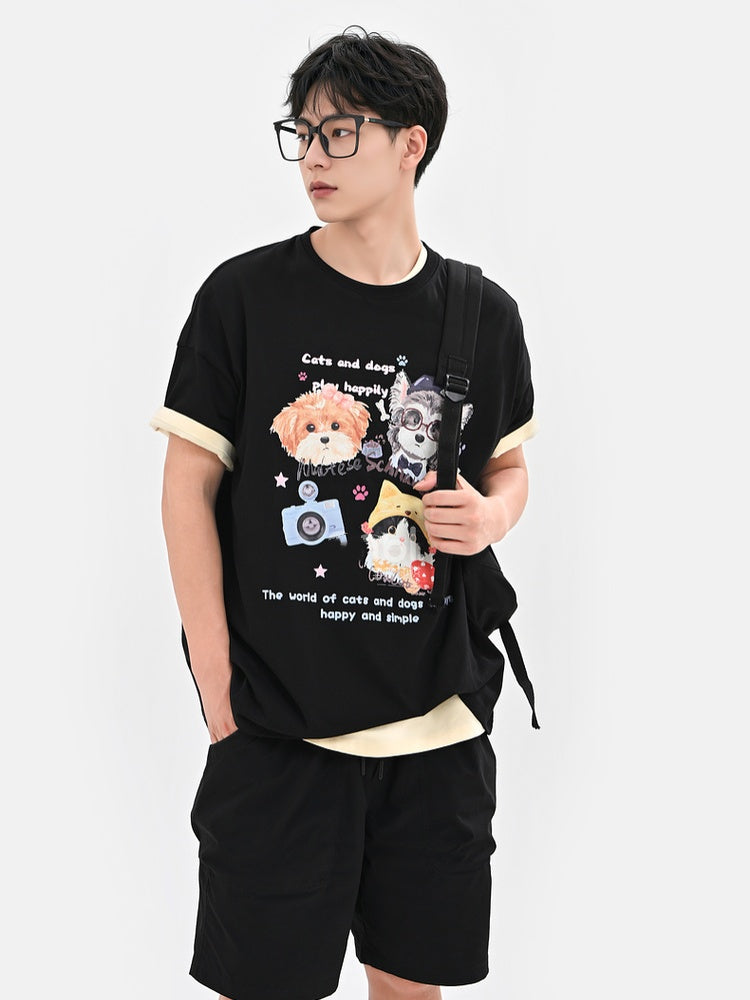 White/Black/Dark Blue Round Neck Puppy and Kitty Print Loose T-Shirt