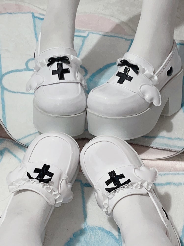 Jirai Kei White Yami Kawaii Cross Bowknot Platform Loafers