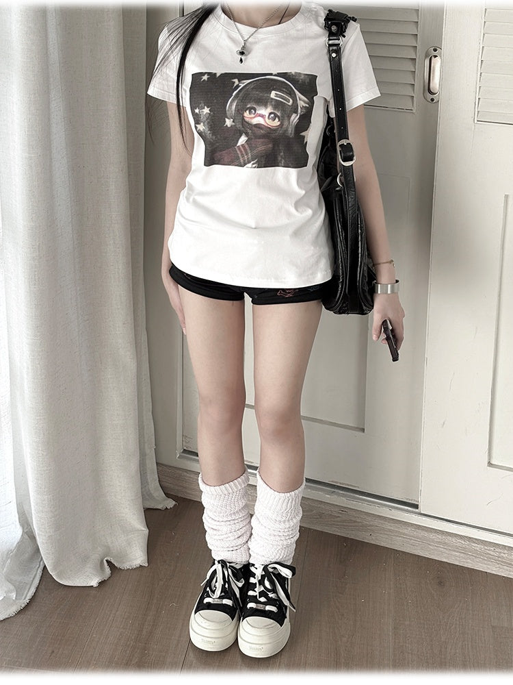 White Round Neck BJD Doll Print Vintage T-Shirt