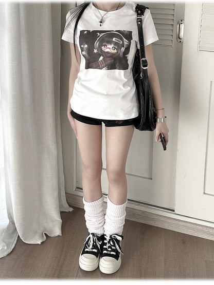 White Round Neck BJD Doll Print Vintage T-Shirt
