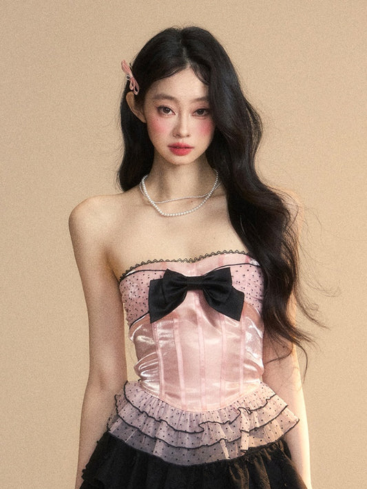 Strapless Top Pattern Pink Layered Lace Mesh Big Bow Ruffled Polka-Dot Trim