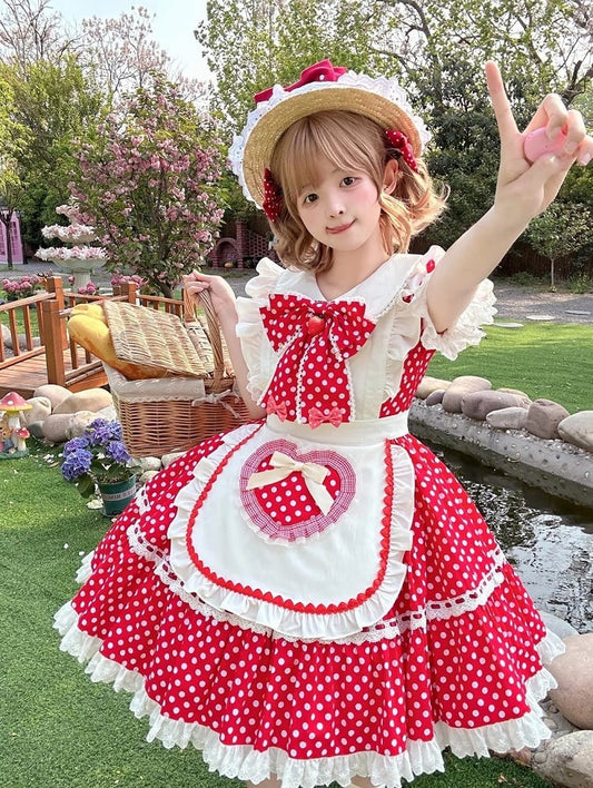 Collar Old Peter Maid White Strawberry Polka Bow Dots Lolita Pan Big Apron + Red School Dress