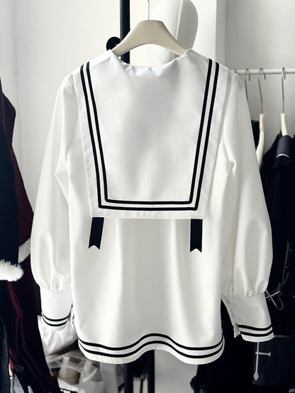 Shirt Sailor White and Collar Long Sleeves Black Shorts