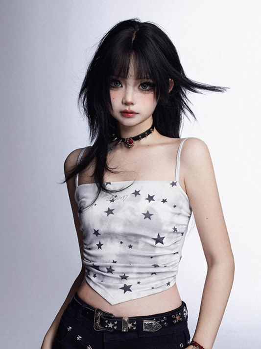 Dye Star Print Glamorous White Tie Cami Top Cropped