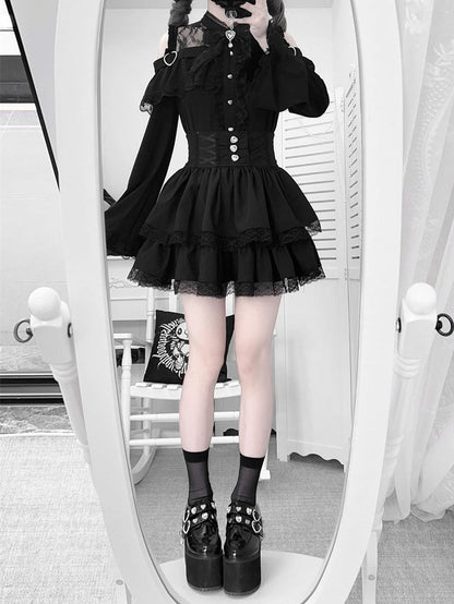 Offenes Jirai Kei Bell Shoulders Black Set: mit Top Three-Piece Sleeves All