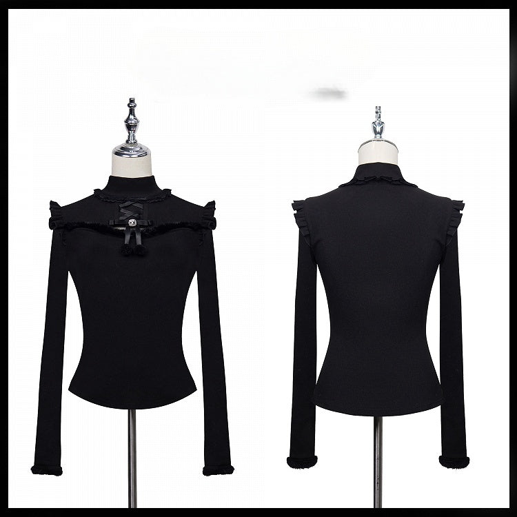 Jirai Kei Plush Trim Cutout Detail Bow Rhinestone Embellished Black Top