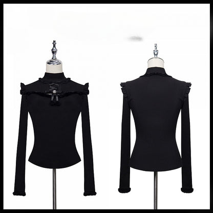 Jirai Kei Plush Trim Cutout Detail Bow Rhinestone Embellished Black Top