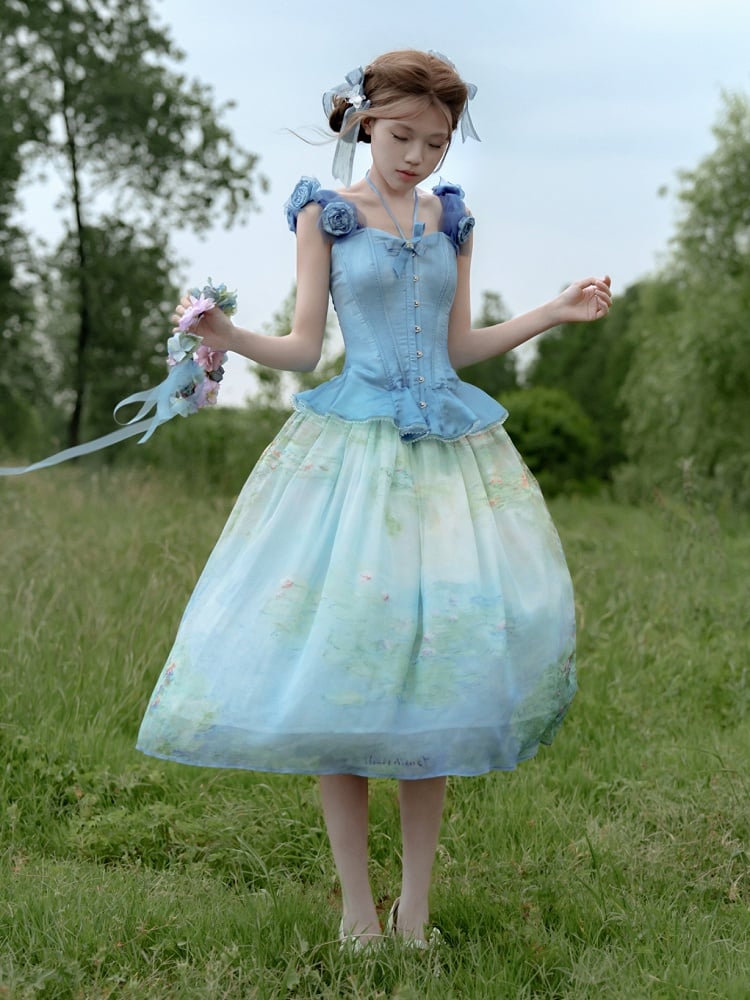 Boned Corset Top with Detachable Floral Adornments Hem Flounce Blue Sky