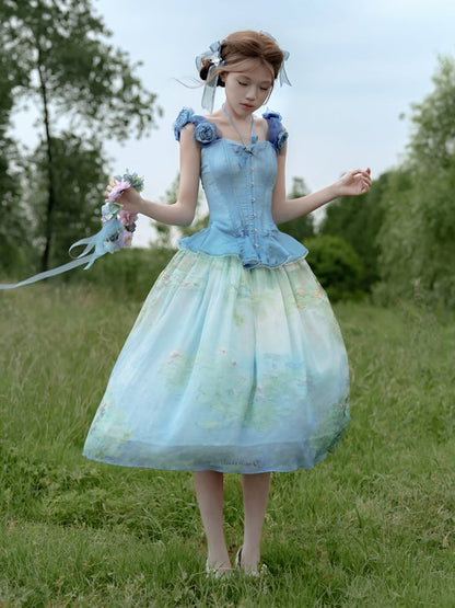 Boned Corset Top with Detachable Floral Adornments Hem Flounce Blue Sky