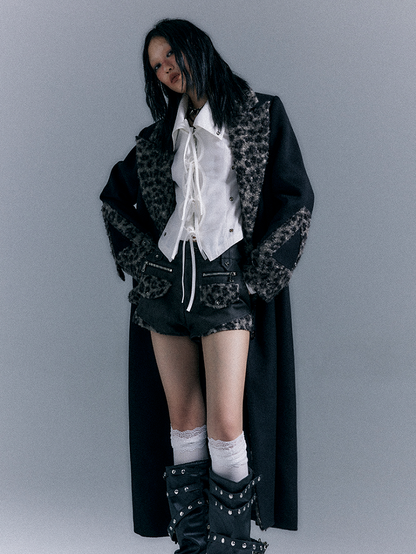 Black Wool Thickened Coat with Vintage Leopard Accents