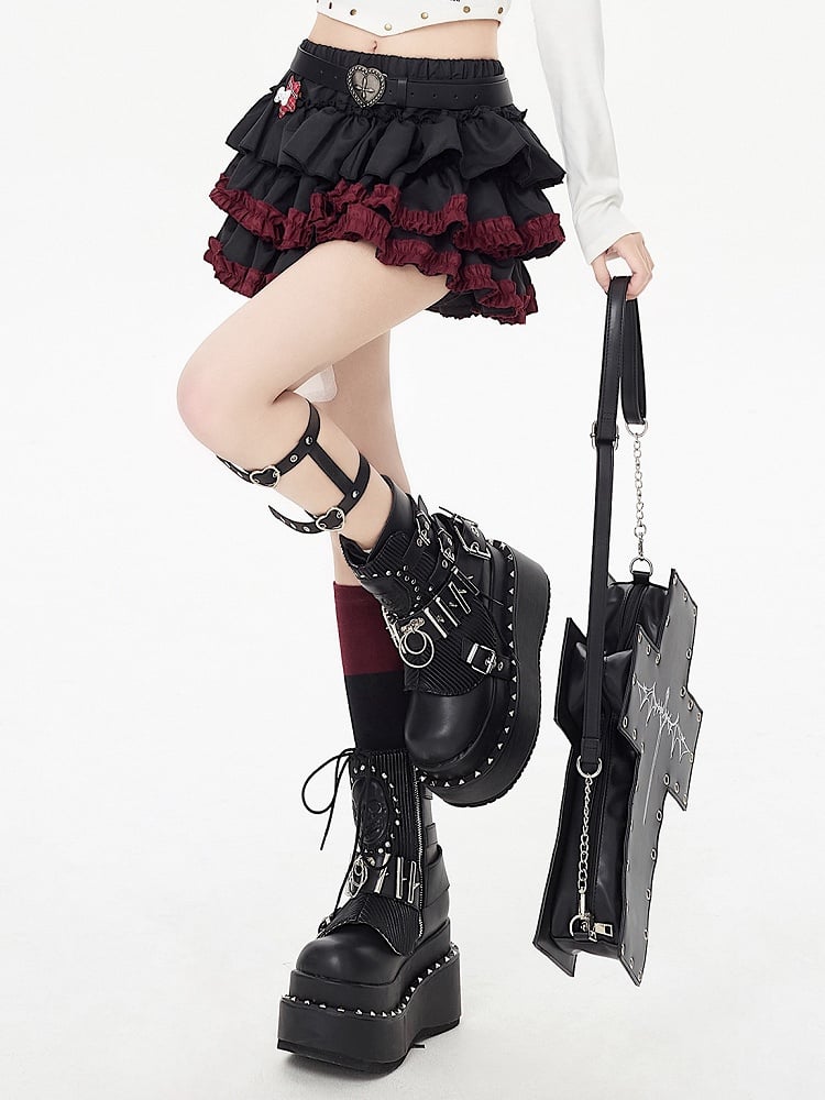 Hem Free with Punk Belt Ruffle Skirt Black Waist Tiered