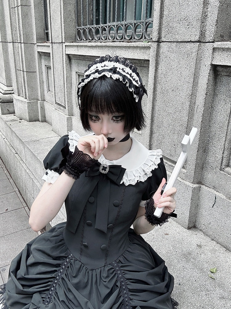 und asymmetrisches Kleid Schwarz Lolita Peter Pan Weißer Rock Stufen Gothic Ärmel Kragen Kurz
