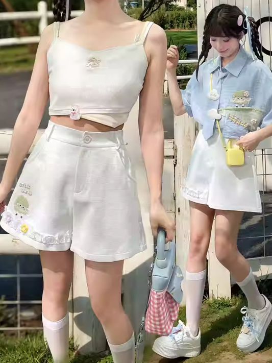 Floral Lace Trim White Shorts Lamb Embroidery Accents