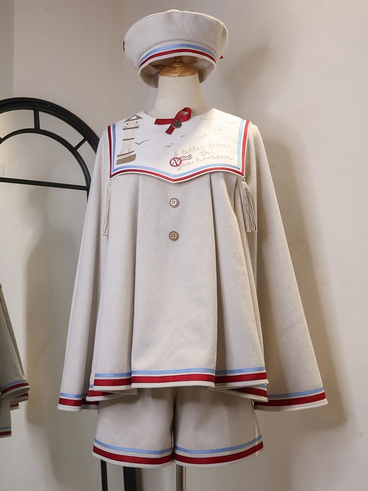 Ensemble complet Lolita Sailor Ouji beige : haut col marin beige, short Ouji beige et béret beige