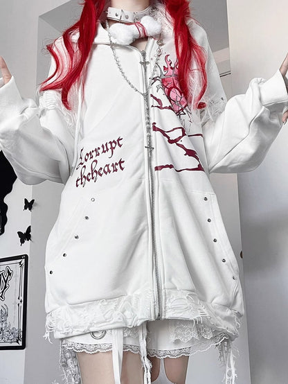 Guro Cat Print Heart Decorated Zip-up And Ear Hoodie White Letter Kawaii Studs
