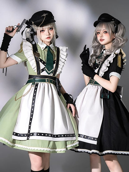 Dress Short Military Full Lolita Flutter Sleeves and Maid Apron Set Black
