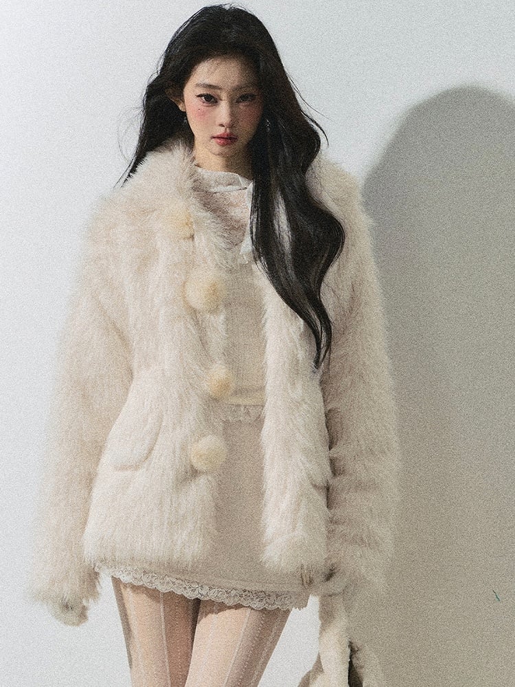 Faux Fur Coat Pompom Button Design