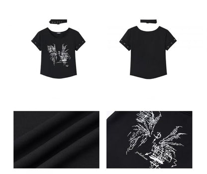 Black Wings Print Cotton Cropped T-shirt