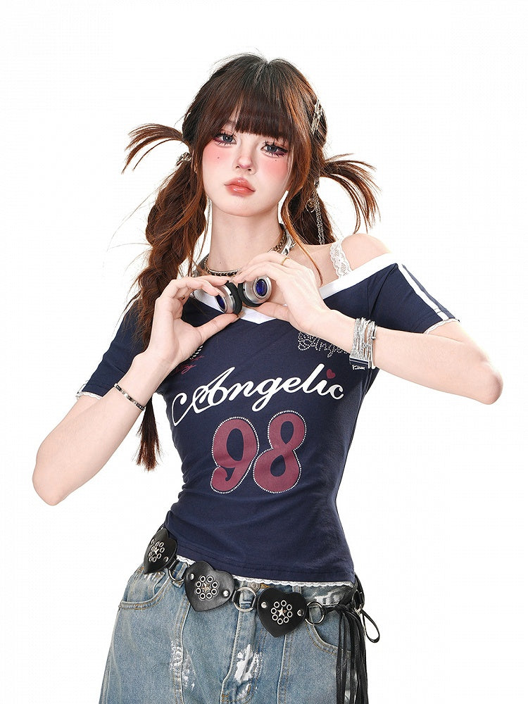 Navy Blue/White Asymmetrical Neckline Cutout Shoulder Number Glamorous T-Shirt