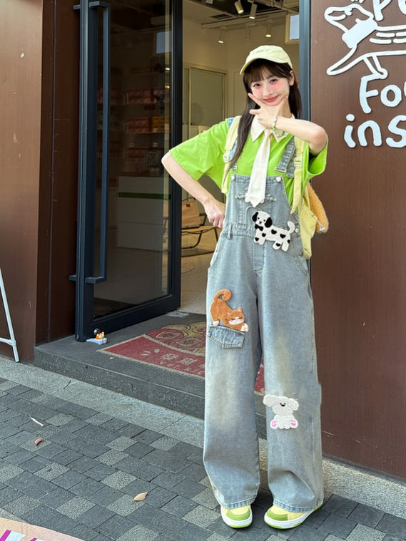 Light Blue High Adorable Animal Appliques Denim Overalls Waist