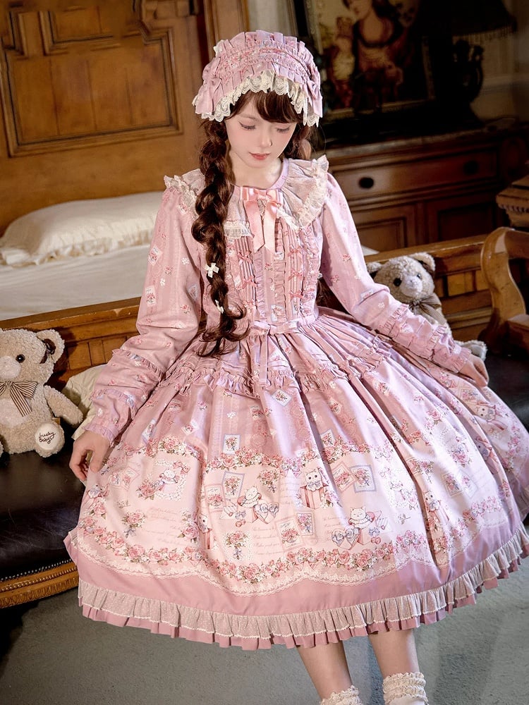 Robe Lolita rose à manches longues et motif floral et chaton