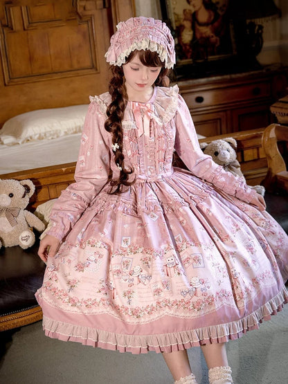 Robe Lolita rose à manches longues et motif floral et chaton