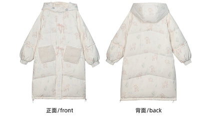 Cute Lamb Print White Hooded Down Jacket Short/Long Version