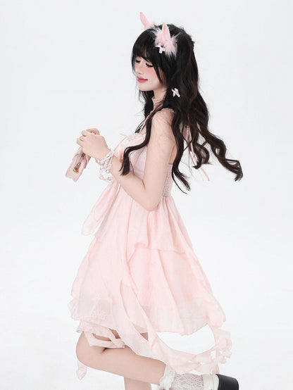 Pink Cascading Ruffle Accents Bow Detail Front Sleeveless Dress