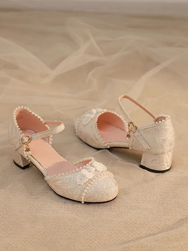 Beige Details - Floral Beads Button Lolita Sandals Mid-heel Frog Pattern Qi Satin