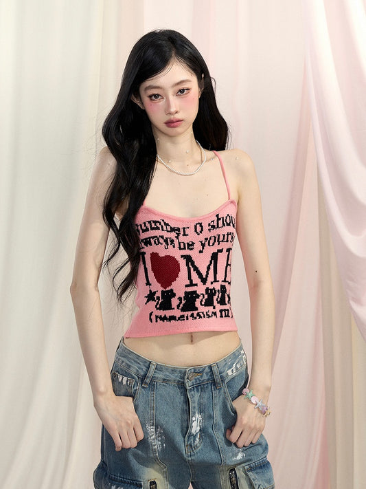 Letter Cropped Top Print Glamorous Pink/Black/Apricot Halter Neck