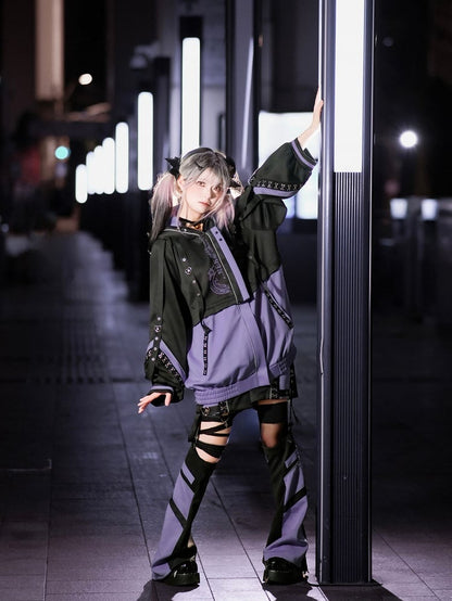 Cyberpunk Set: J-Style Coord Detachable Jacket Futuristic Purple Black and