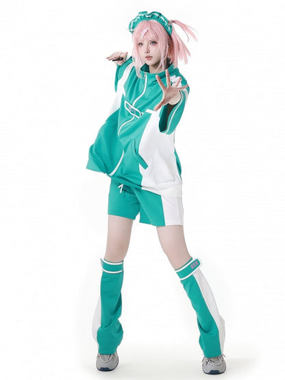 ホワイトカラーブロックデザインのグリーンレッグウォーマー