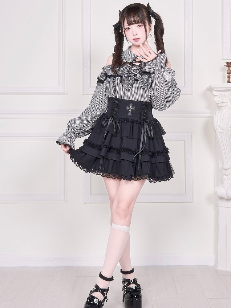 Jirai Kei – Langärmlige, karierte Bluse mit Illusionsausschnitt und ausgeschnittener Schulter