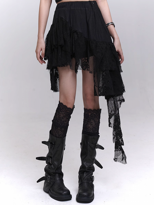 Patchwork Black Lace Cascading Ruffles Skirt