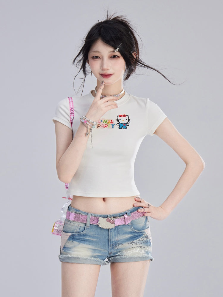 White Kitty Pattern Bittersweet T-shirt/Cami Top