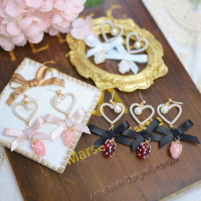 Jirai Kei Beaded Heart Bowknot Strawberry Charm Ear Clips