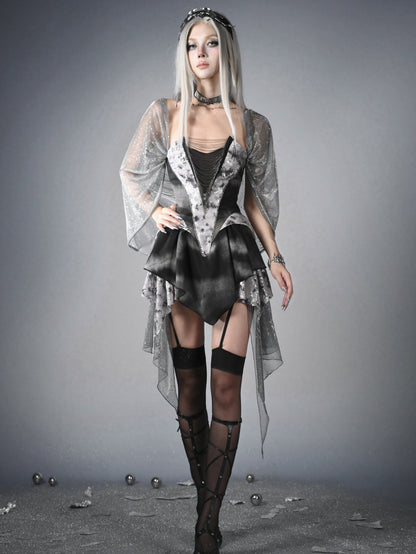 Futuristic Black Basque Waist Metal Y3K Hooded Dress Handkerchief Hem Chains Cyberpunk Fashion Front