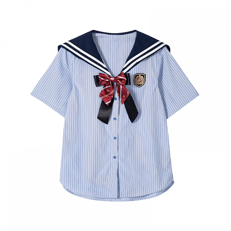 Bowtie with JK Uniform Sailor Collar Blue Striped Short Free Shirt Sleeves