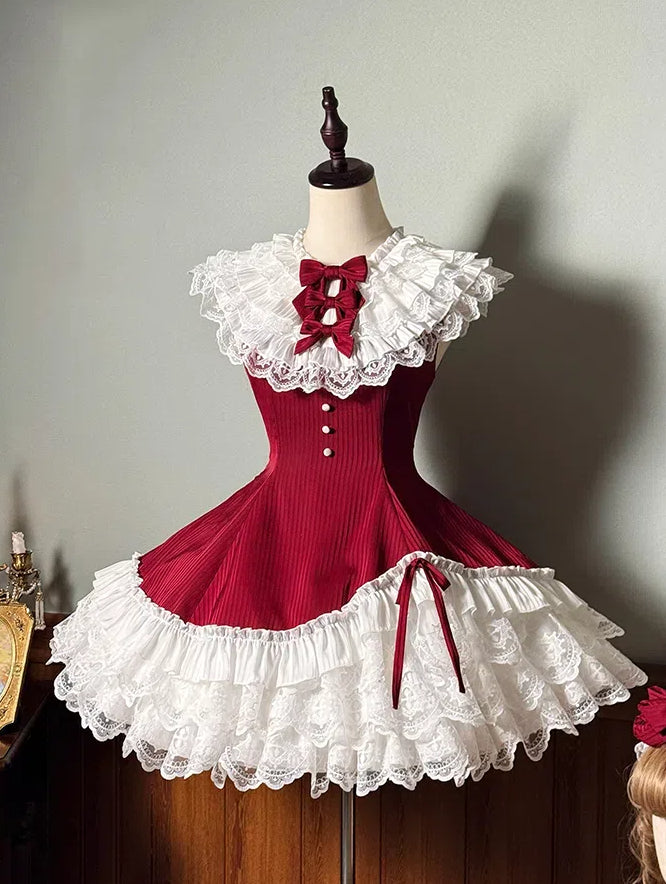 Slim Waist Dress Neck Sleeveless Lolita Ruffle Layered Sweet Fit Striped Fabric Red