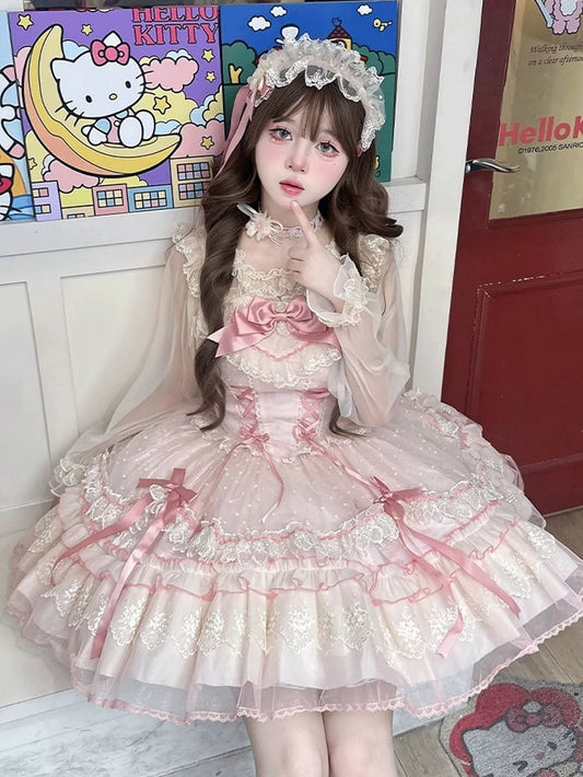 Bow Sweet Lolita Dress Flutter Pink Lace-up Bodice High Waist Sleeves with Big Jumper Skirt Detachable
