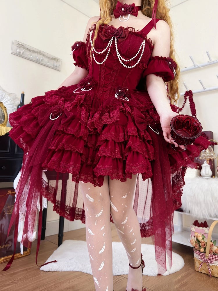 Waist Flower Basque Hem Fairy Skirt Dress Jumper Tiered Red Lolita Hanayome