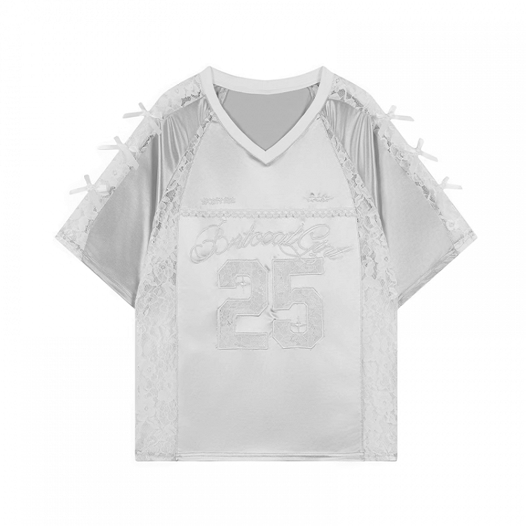 Patches Contrast Lace T-shirt Applique V-neck Satin Black/Silver Number