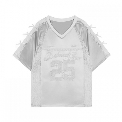 Patches Contrast Lace T-shirt Applique V-neck Satin Black/Silver Number