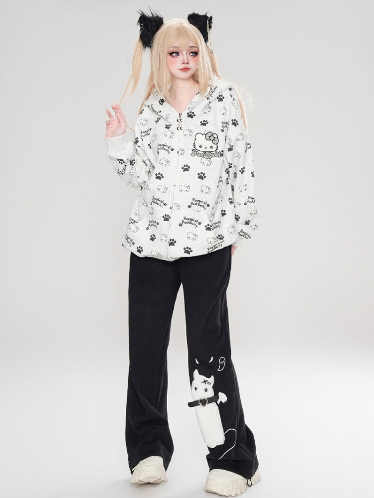 Black/Pink/Light Blue Kitties Allover Print Zip Hoodie
